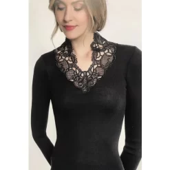 Chemise LAine Et Soie Col V Dentelle Crochet