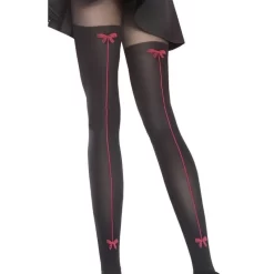 Collant Fiore Effet Cuissarde Couture Et Noeud Rouge