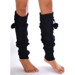 Guêtres Lourde Laine Torsadée à Pompom Noires