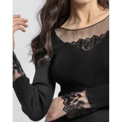 Moretta Manches Longues Laine Et Soie Col V Feuilles -Meilleur Lingerie Magasin moretta manches longues laine et soie col v feuilles 2