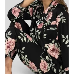 Pyjama HN Satin Noir à Fleurs