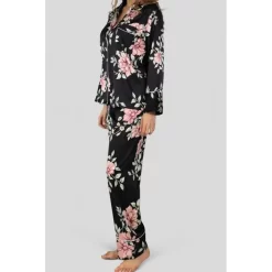 Pyjama HN Satin Noir à Fleurs -Meilleur Lingerie Magasin pyjama hn satin noir a fleurs 3
